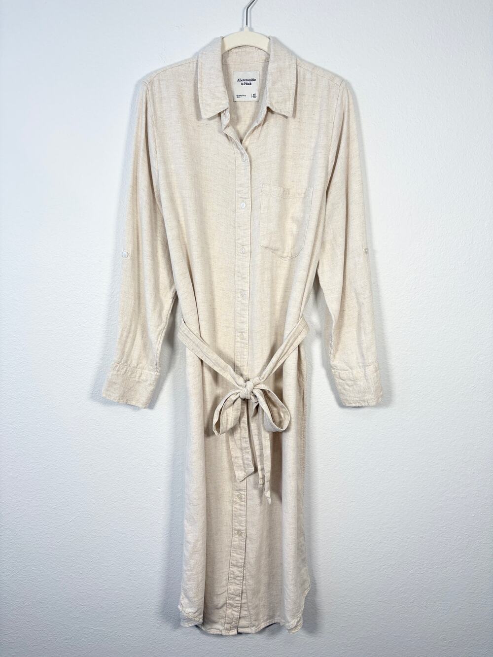 Abercrombie & Fitch Tall Neutral Linen Blend Long Sleeve Midi Shirt Dress